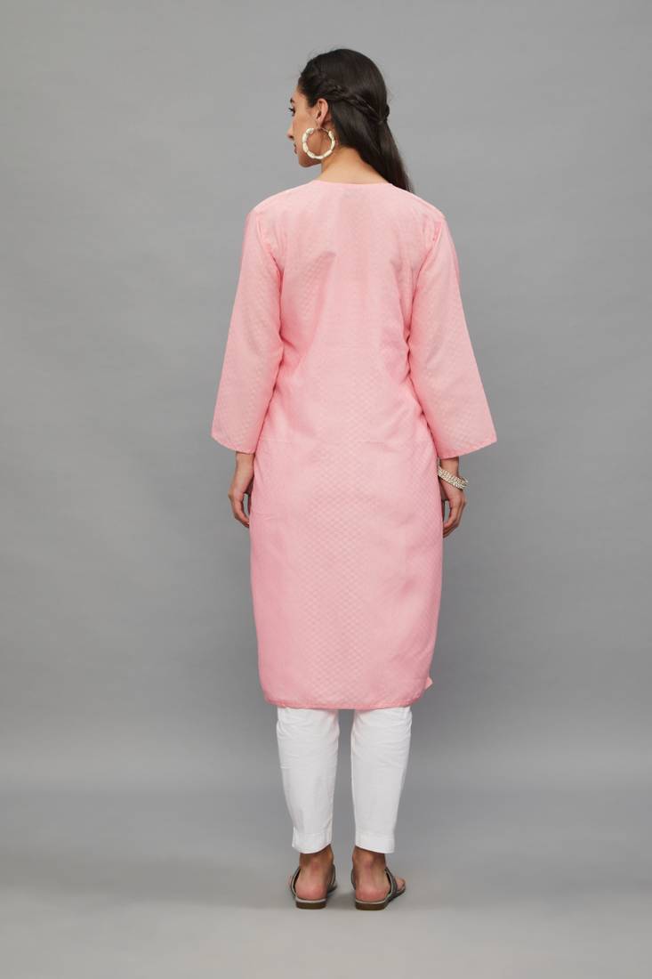 Peach Lucknowi Chikankari Cotton Straight 3/4 th sleeves kurta for Women