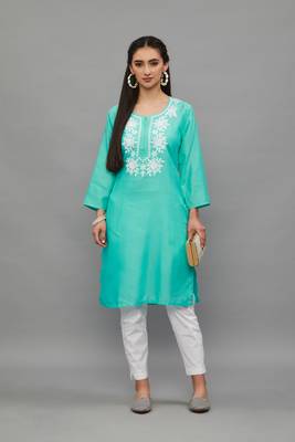 AquaBlue Lucknowi Chikankari Cotton Straight 3/4 th sleeves kurta for Women 1