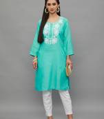 AquaBlue Lucknowi Chikankari Cotton Straight 3/4 th sleeves kurta for Women