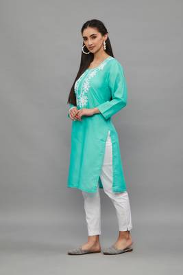 AquaBlue Lucknowi Chikankari Cotton Straight 3/4 th sleeves kurta for Women 2