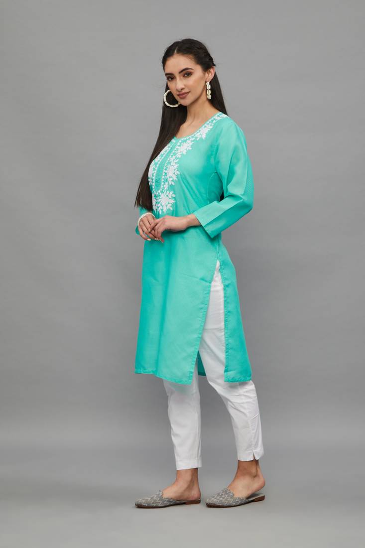 AquaBlue Lucknowi Chikankari Cotton Straight 3/4 th sleeves kurta for Women