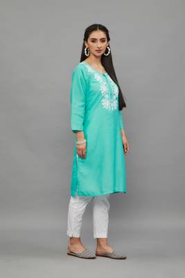 AquaBlue Lucknowi Chikankari Cotton Straight 3/4 th sleeves kurta for Women 3