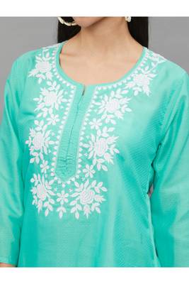 AquaBlue Lucknowi Chikankari Cotton Straight 3/4 th sleeves kurta for Women 4