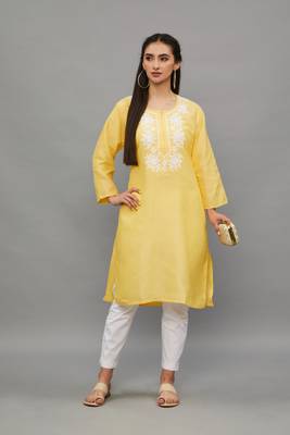 Yellow Lucknowi Chikankari Cotton Straight 3/4 th sleeves kurta for Women 1