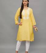 Yellow Lucknowi Chikankari Cotton Straight 3/4 th sleeves kurta for Women
