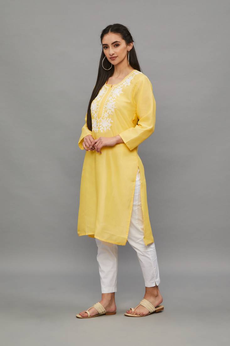 Yellow Lucknowi Chikankari Cotton Straight 3/4 th sleeves kurta for Women