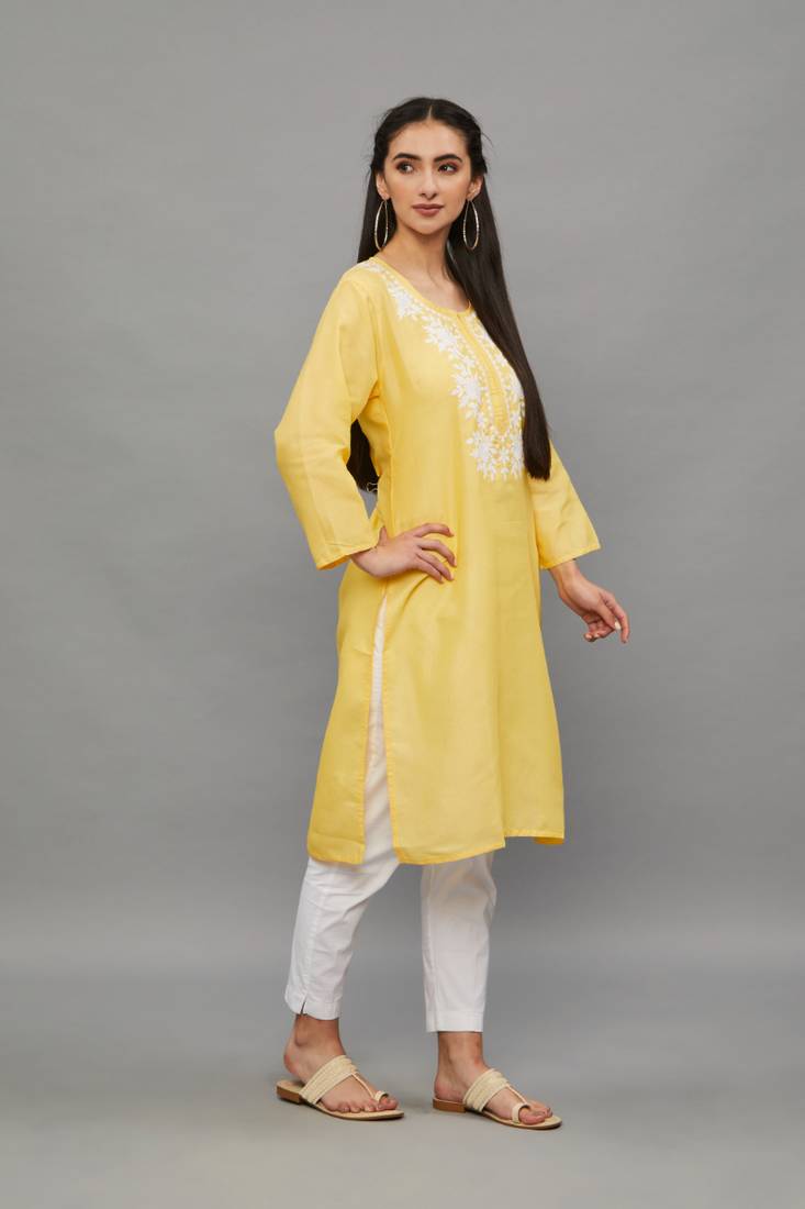 Yellow Lucknowi Chikankari Cotton Straight 3/4 th sleeves kurta for Women