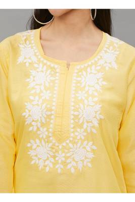 Yellow Lucknowi Chikankari Cotton Straight 3/4 th sleeves kurta for Women 4