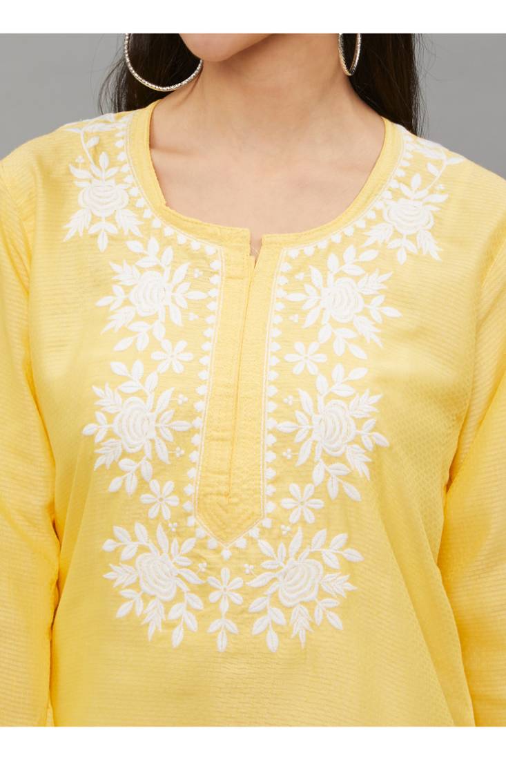 Yellow Lucknowi Chikankari Cotton Straight 3/4 th sleeves kurta for Women