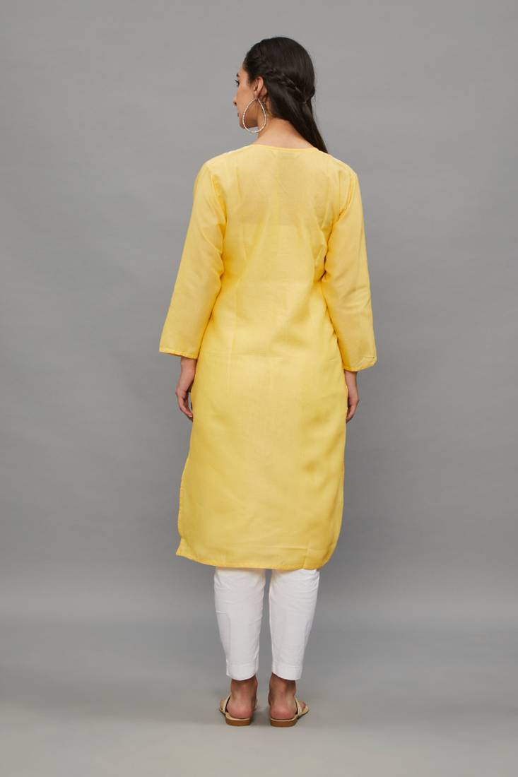 Yellow Lucknowi Chikankari Cotton Straight 3/4 th sleeves kurta for Women