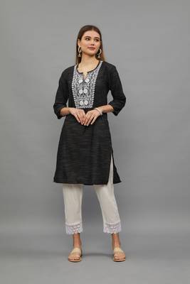Black Lucknowi Chikankari Cotton Straight 3/4 th sleeves kurta for Women 1