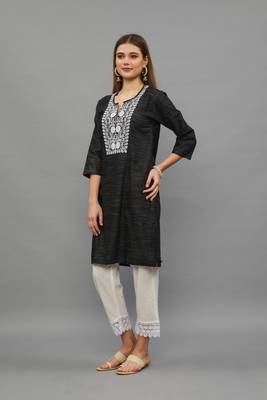 Black Lucknowi Chikankari Cotton Straight 3/4 th sleeves kurta for Women 2
