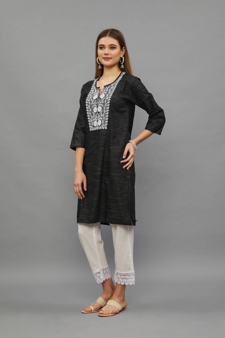 Black Lucknowi Chikankari Cotton Straight 3/4 th sleeves kurta for Women