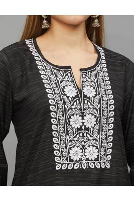 Black Lucknowi Chikankari Cotton Straight 3/4 th sleeves kurta for Women 3
