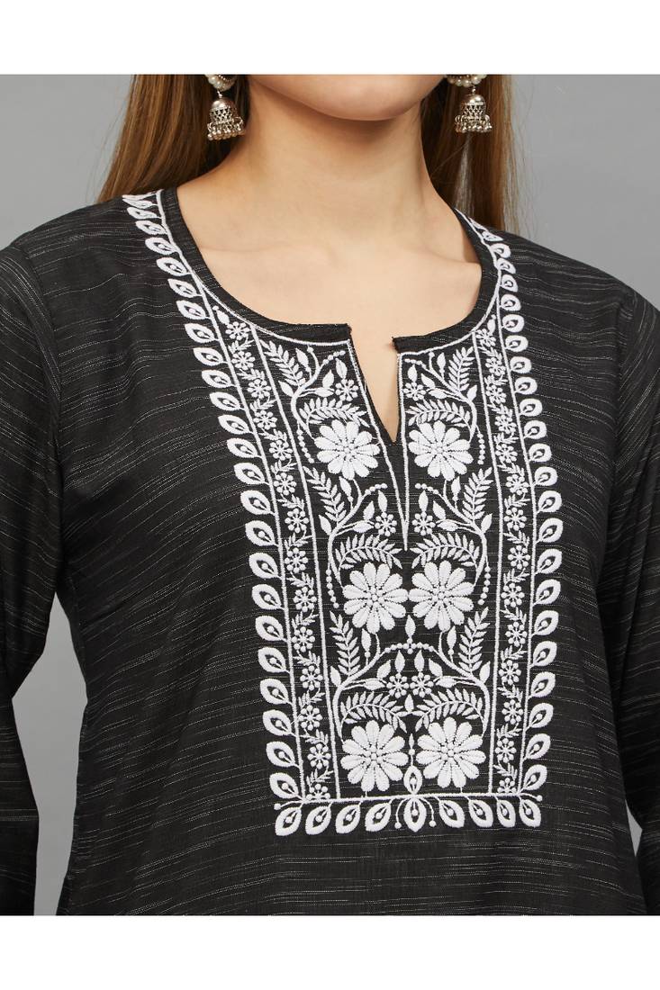 Black Lucknowi Chikankari Cotton Straight 3/4 th sleeves kurta for Women