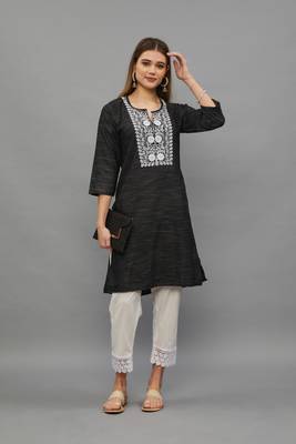 Black Lucknowi Chikankari Cotton Straight 3/4 th sleeves kurta for Women 4