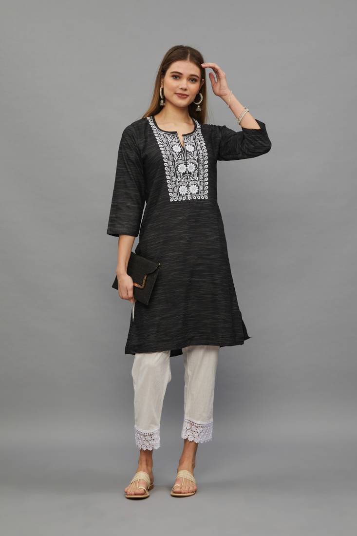 Black Lucknowi Chikankari Cotton Straight 3/4 th sleeves kurta for Women