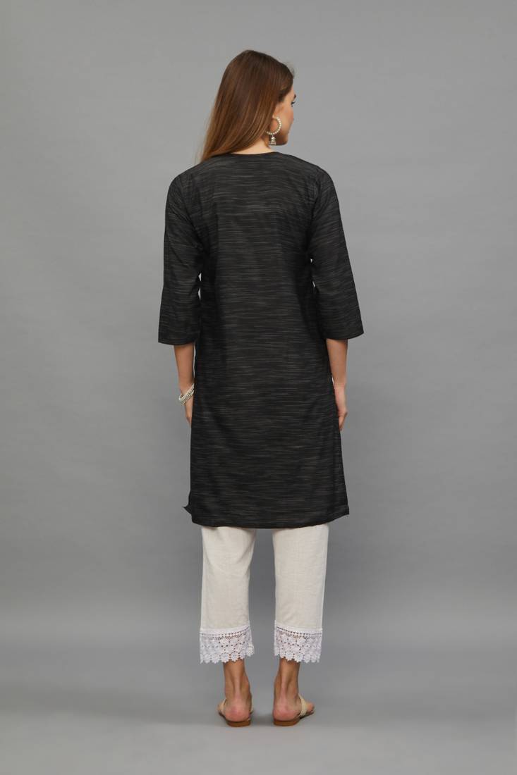 Black Lucknowi Chikankari Cotton Straight 3/4 th sleeves kurta for Women