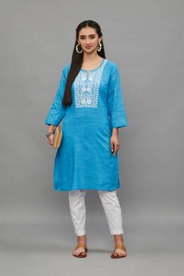 SkyBlue Lucknowi Chikankari Cotton Straight 3/4 th sleeves kurta for Women 1