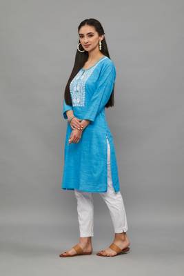 SkyBlue Lucknowi Chikankari Cotton Straight 3/4 th sleeves kurta for Women 2