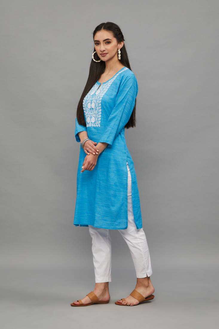 SkyBlue Lucknowi Chikankari Cotton Straight 3/4 th sleeves kurta for Women