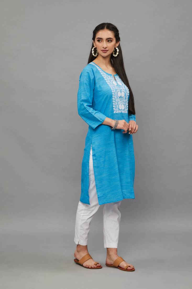 SkyBlue Lucknowi Chikankari Cotton Straight 3/4 th sleeves kurta for Women