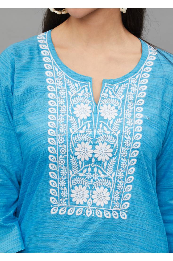 SkyBlue Lucknowi Chikankari Cotton Straight 3/4 th sleeves kurta for Women