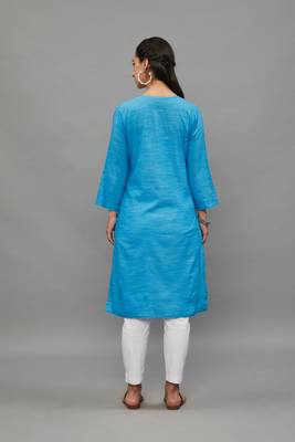 SkyBlue Lucknowi Chikankari Cotton Straight 3/4 th sleeves kurta for Women 5