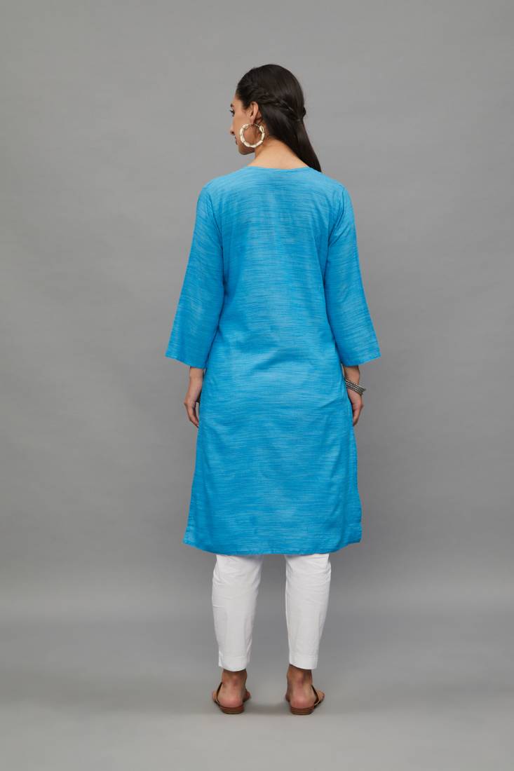 SkyBlue Lucknowi Chikankari Cotton Straight 3/4 th sleeves kurta for Women
