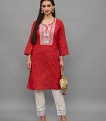 Red Lucknowi Chikankari Cotton Straight 3/4 th sleeves kurta for Women