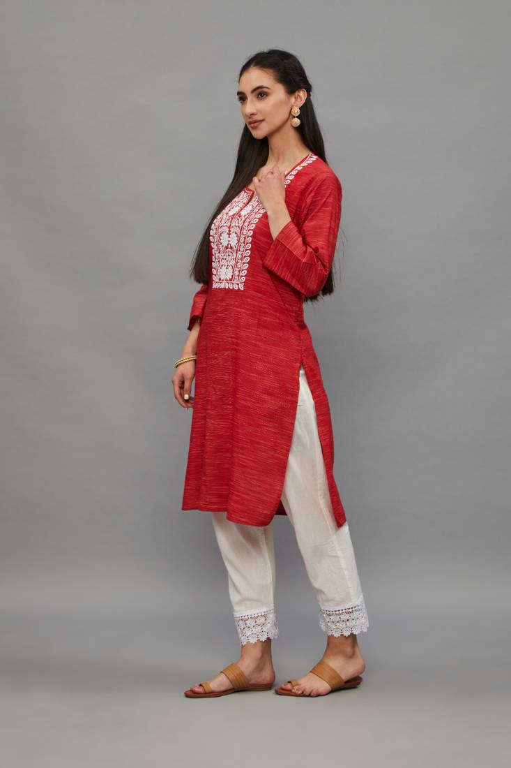 Red Lucknowi Chikankari Cotton Straight 3/4 th sleeves kurta for Women