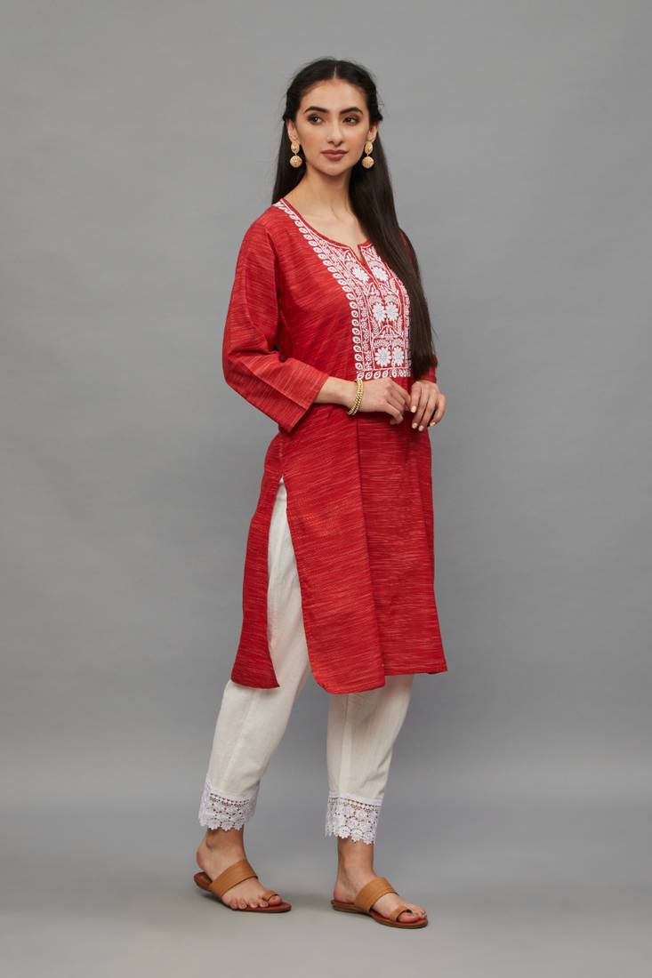 Red Lucknowi Chikankari Cotton Straight 3/4 th sleeves kurta for Women