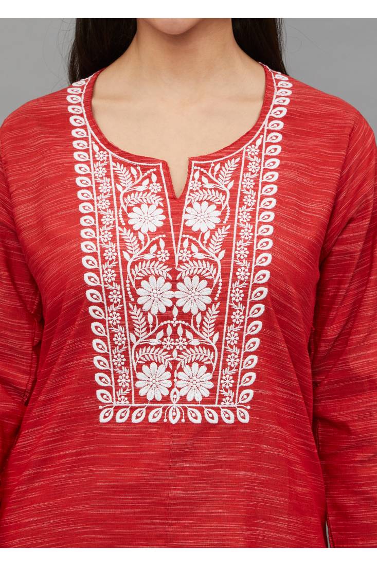 Red Lucknowi Chikankari Cotton Straight 3/4 th sleeves kurta for Women