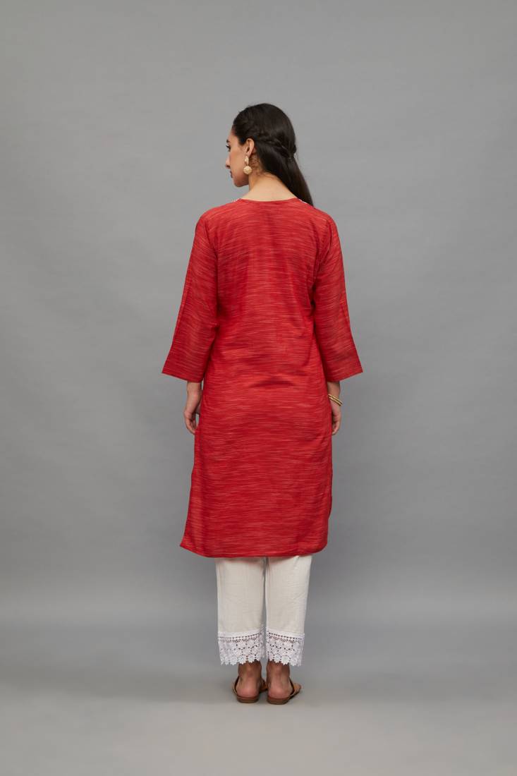 Red Lucknowi Chikankari Cotton Straight 3/4 th sleeves kurta for Women