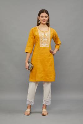Yellow Lucknowi Chikankari Cotton Straight 3/4 th sleeves kurta for Women 1