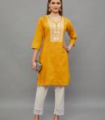 Yellow Lucknowi Chikankari Cotton Straight 3/4 th sleeves kurta for Women