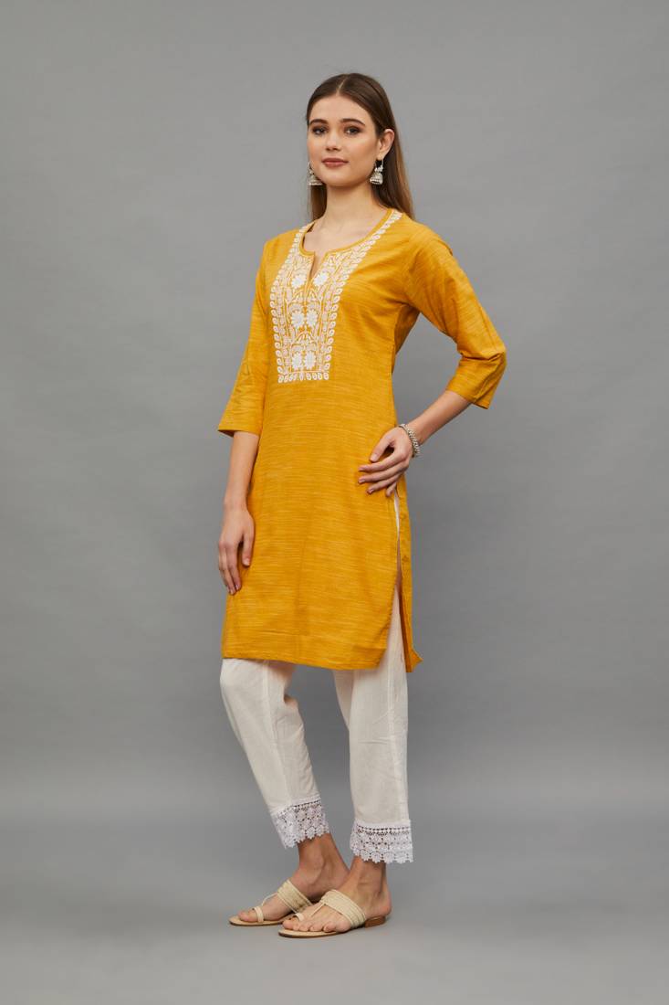 Yellow Lucknowi Chikankari Cotton Straight 3/4 th sleeves kurta for Women