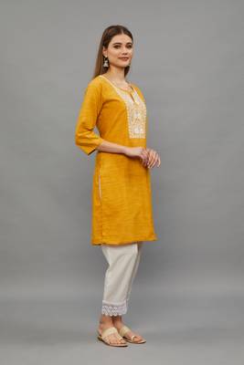 Yellow Lucknowi Chikankari Cotton Straight 3/4 th sleeves kurta for Women 3