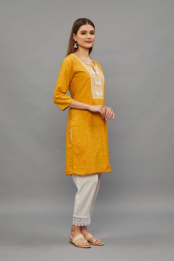 Yellow Lucknowi Chikankari Cotton Straight 3/4 th sleeves kurta for Women