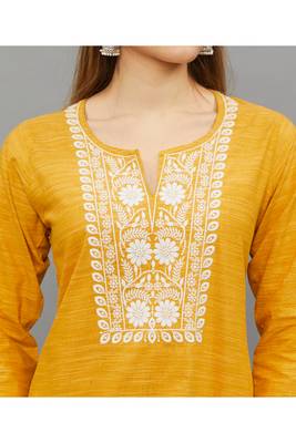 Yellow Lucknowi Chikankari Cotton Straight 3/4 th sleeves kurta for Women 4