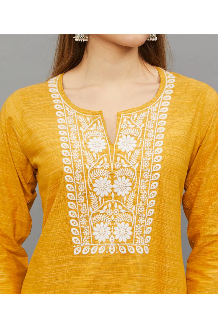 Yellow Lucknowi Chikankari Cotton Straight 3/4 th sleeves kurta for Women