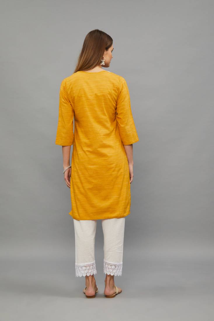 Yellow Lucknowi Chikankari Cotton Straight 3/4 th sleeves kurta for Women