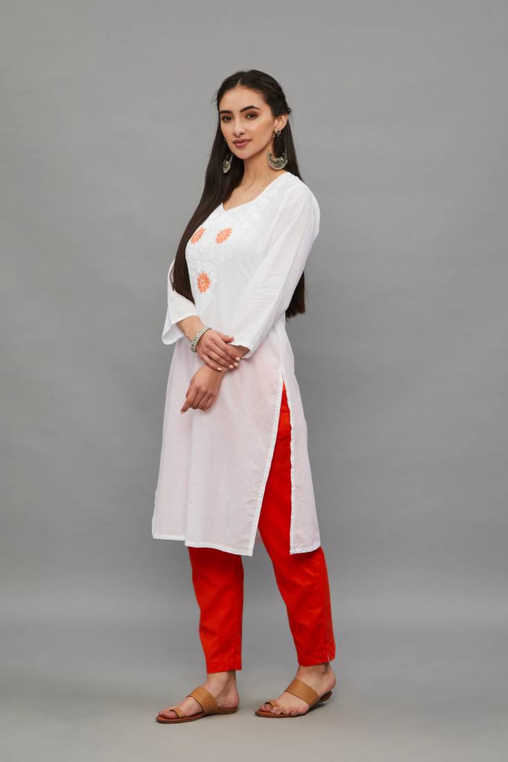 Peach Lucknowi Chikankari Cotton Straight 3/4 th sleeves kurta for Women