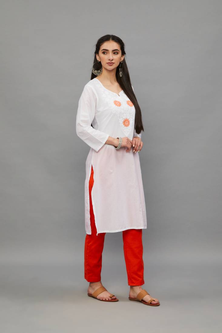 Peach Lucknowi Chikankari Cotton Straight 3/4 th sleeves kurta for Women