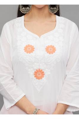 Peach Lucknowi Chikankari Cotton Straight 3/4 th sleeves kurta for Women 4