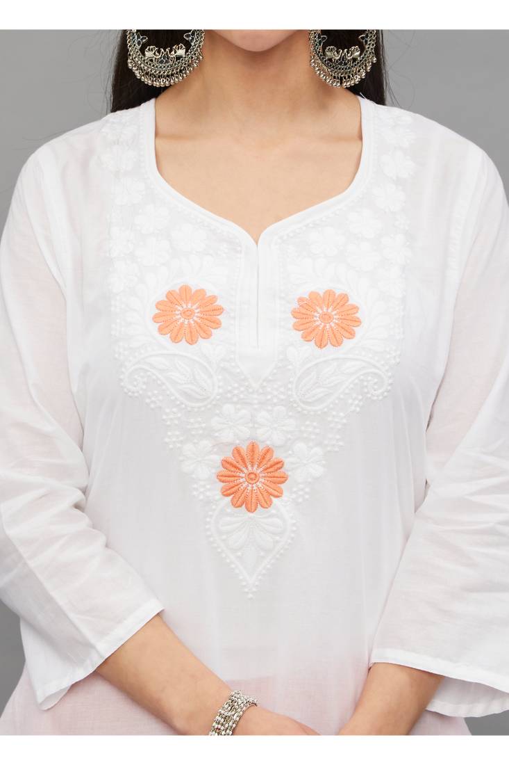 Peach Lucknowi Chikankari Cotton Straight 3/4 th sleeves kurta for Women