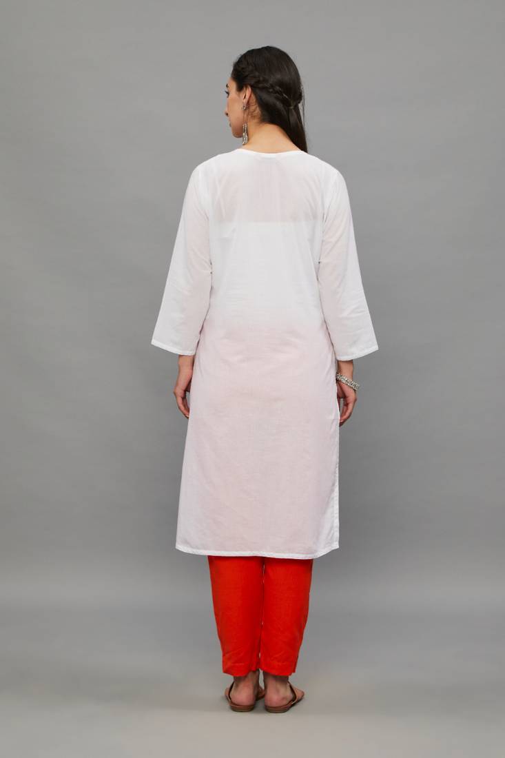 Peach Lucknowi Chikankari Cotton Straight 3/4 th sleeves kurta for Women