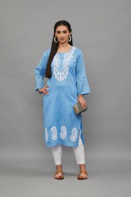Skyblue Lucknowi Chikankari Cotton Straight 3/4 th sleeves kurta for Women 1