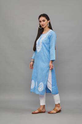 Skyblue Lucknowi Chikankari Cotton Straight 3/4 th sleeves kurta for Women 2