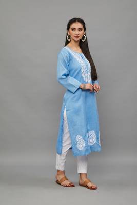 Skyblue Lucknowi Chikankari Cotton Straight 3/4 th sleeves kurta for Women 3